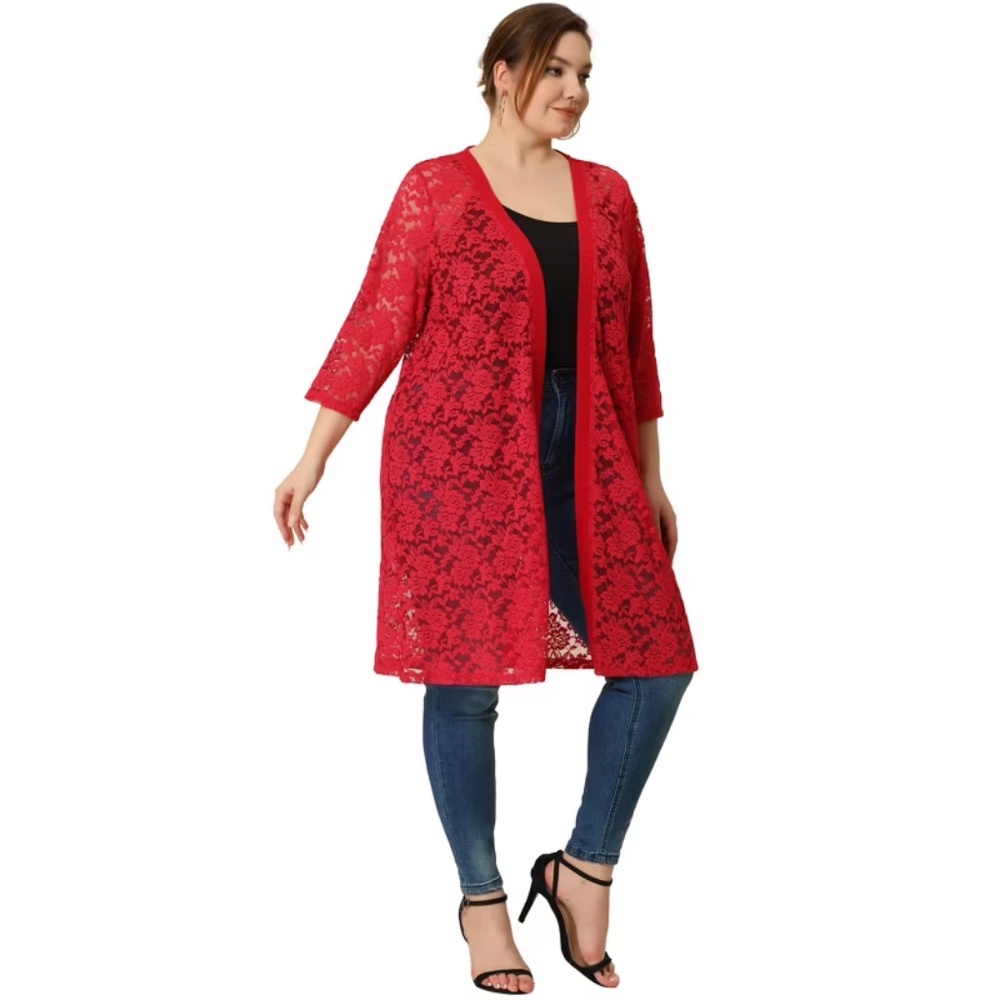 RED Plus Size Lace Open Front 3/4 Sleeve Long Cardigans | Agnes Orinda | 2X